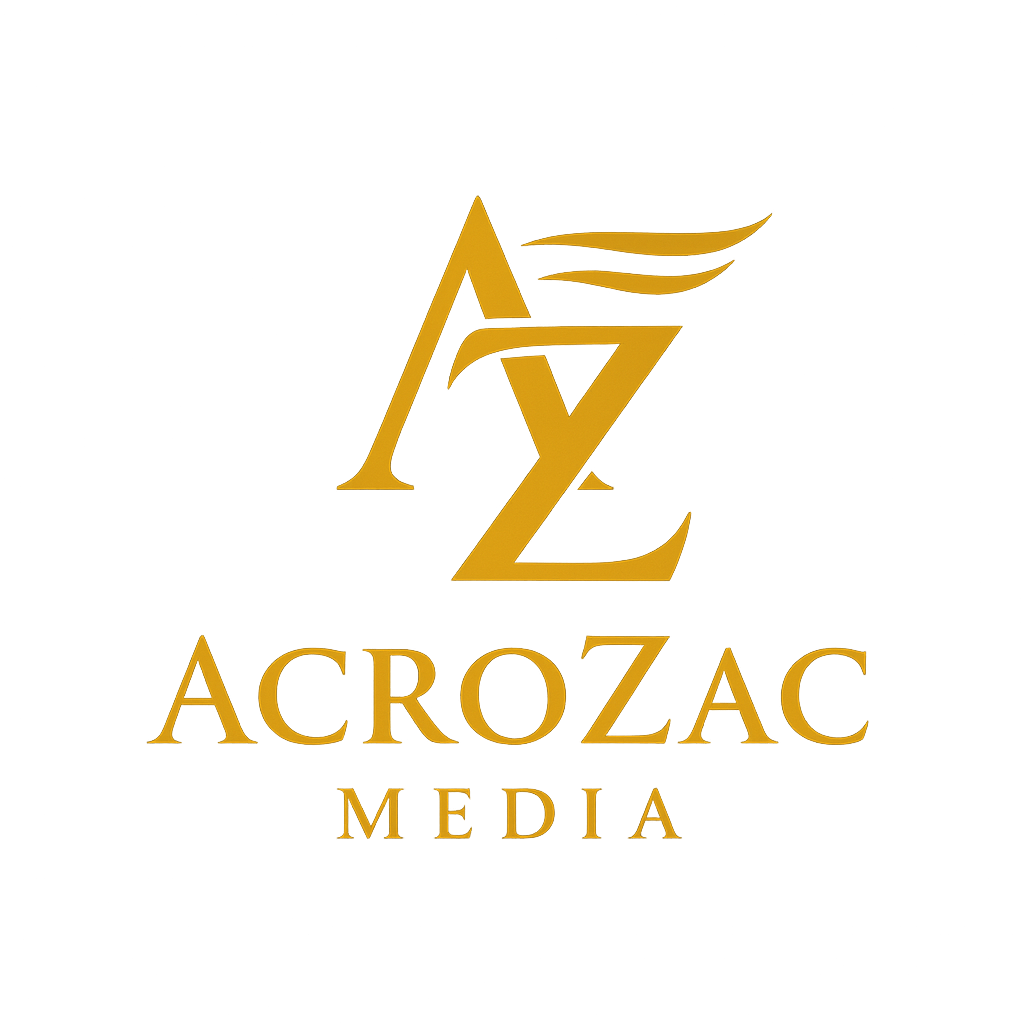 Gold and orange gradient design elements with Acrozac Media branding against white background.