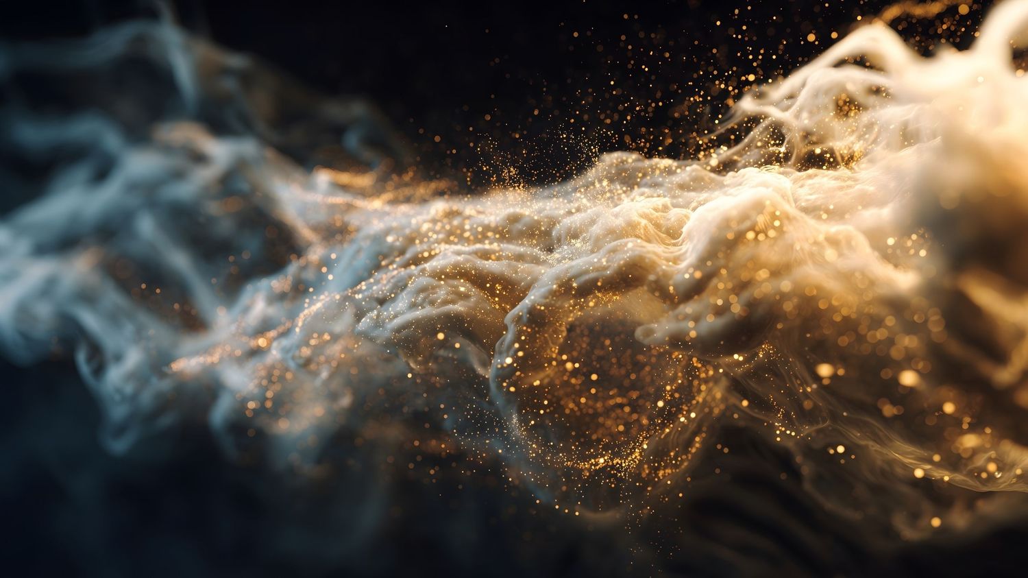 Abstract golden smoke or mist effect swirling against dark background.