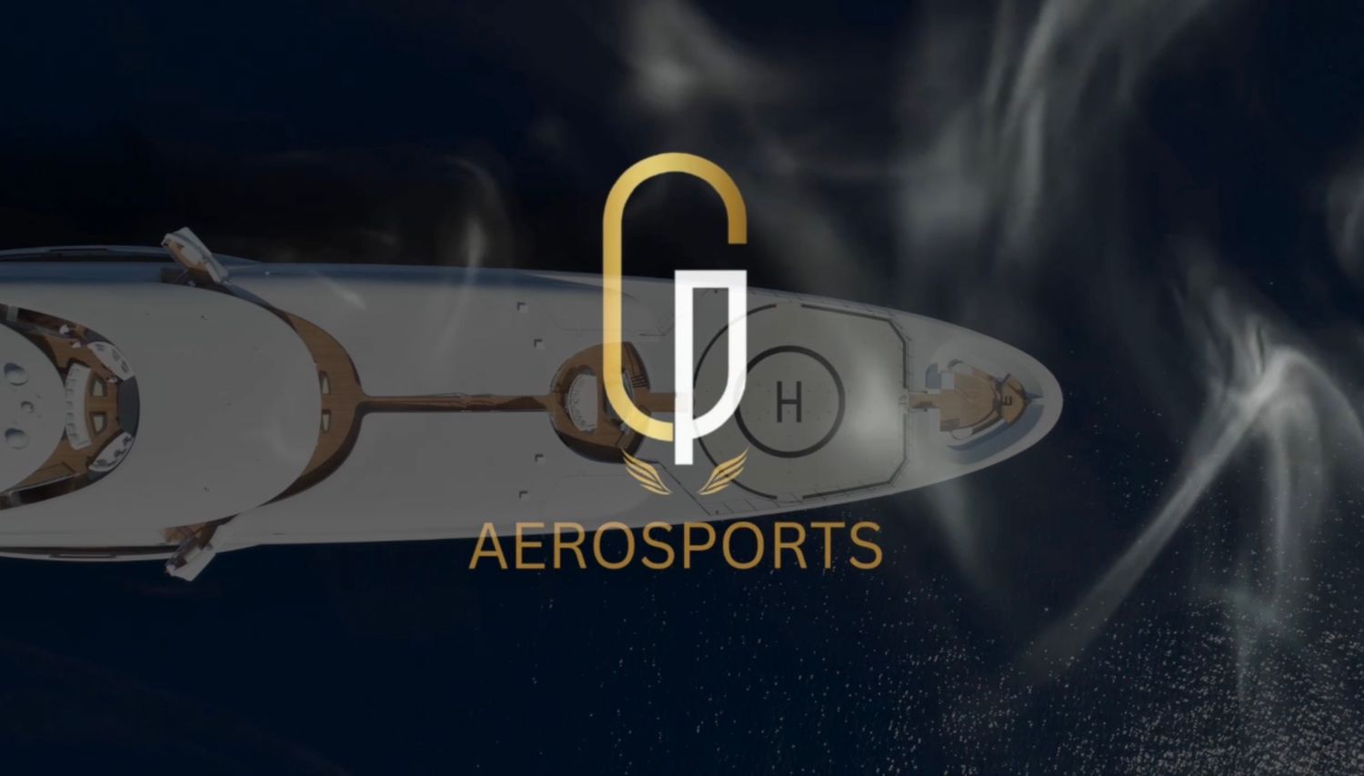 GD Aerosports luxury yacht aerial view with elegant gold and white logo overlay on dark water background.