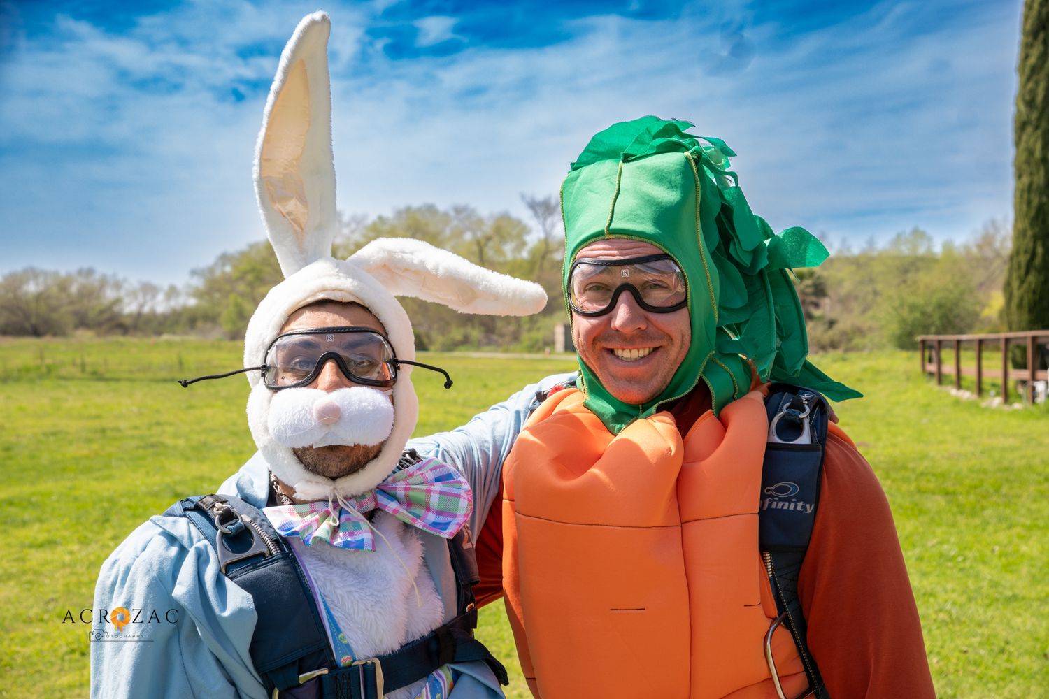 Skydivers dressed as Easter bunny and carrot pose together in sunny field.
