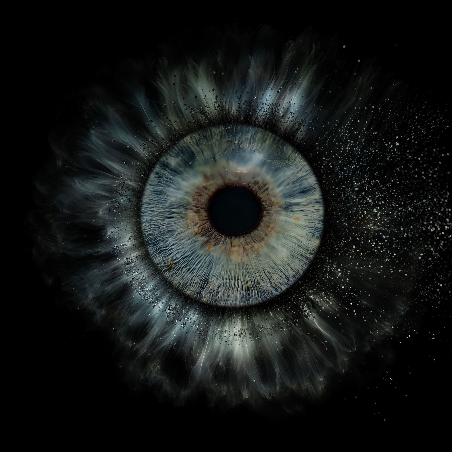 Close-up macro photograph of a human eye iris with cosmic galaxy-like blue and brown tones on dark background.