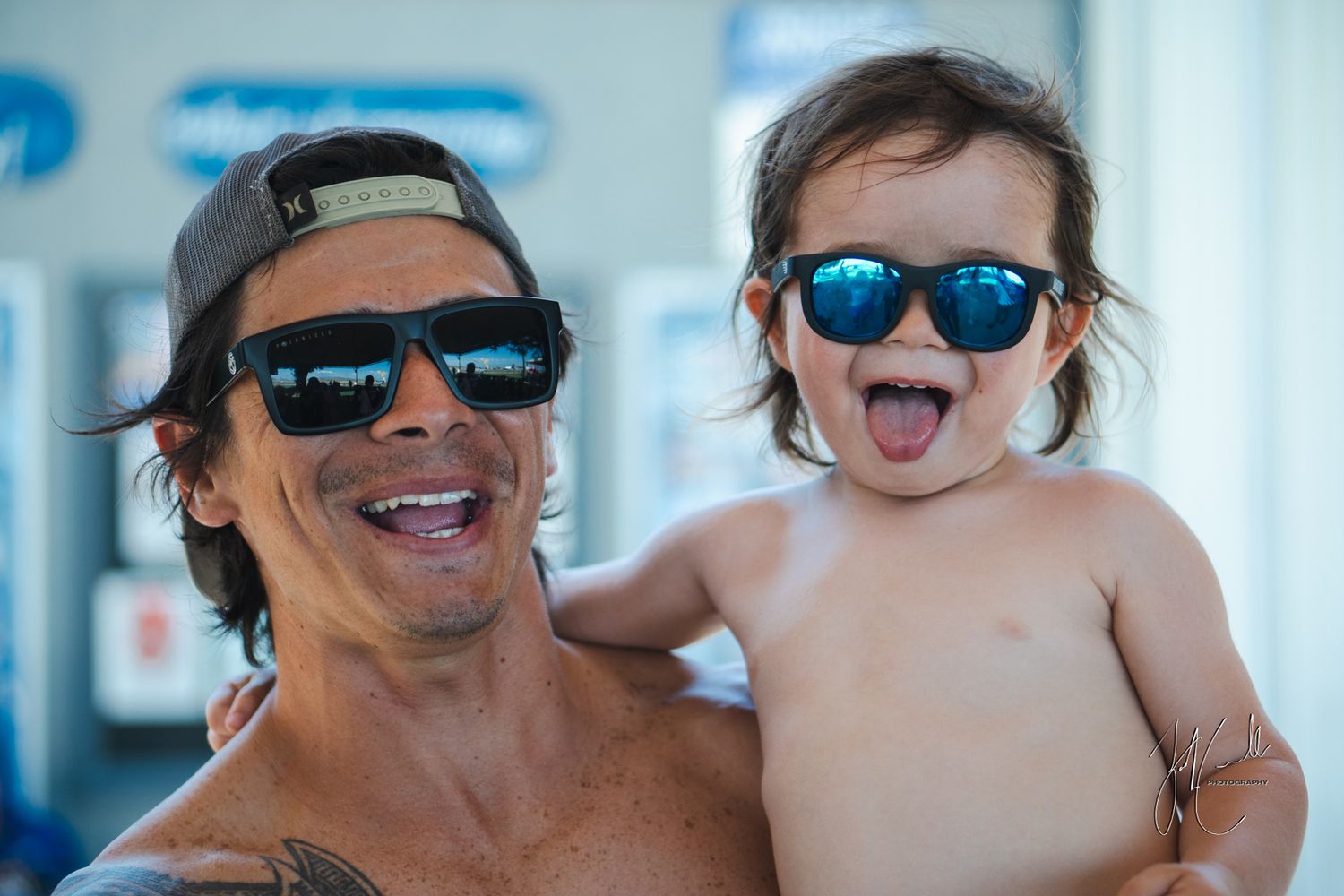 Candid beach photos showing people wearing sunglasses and enjoying a sunny day.