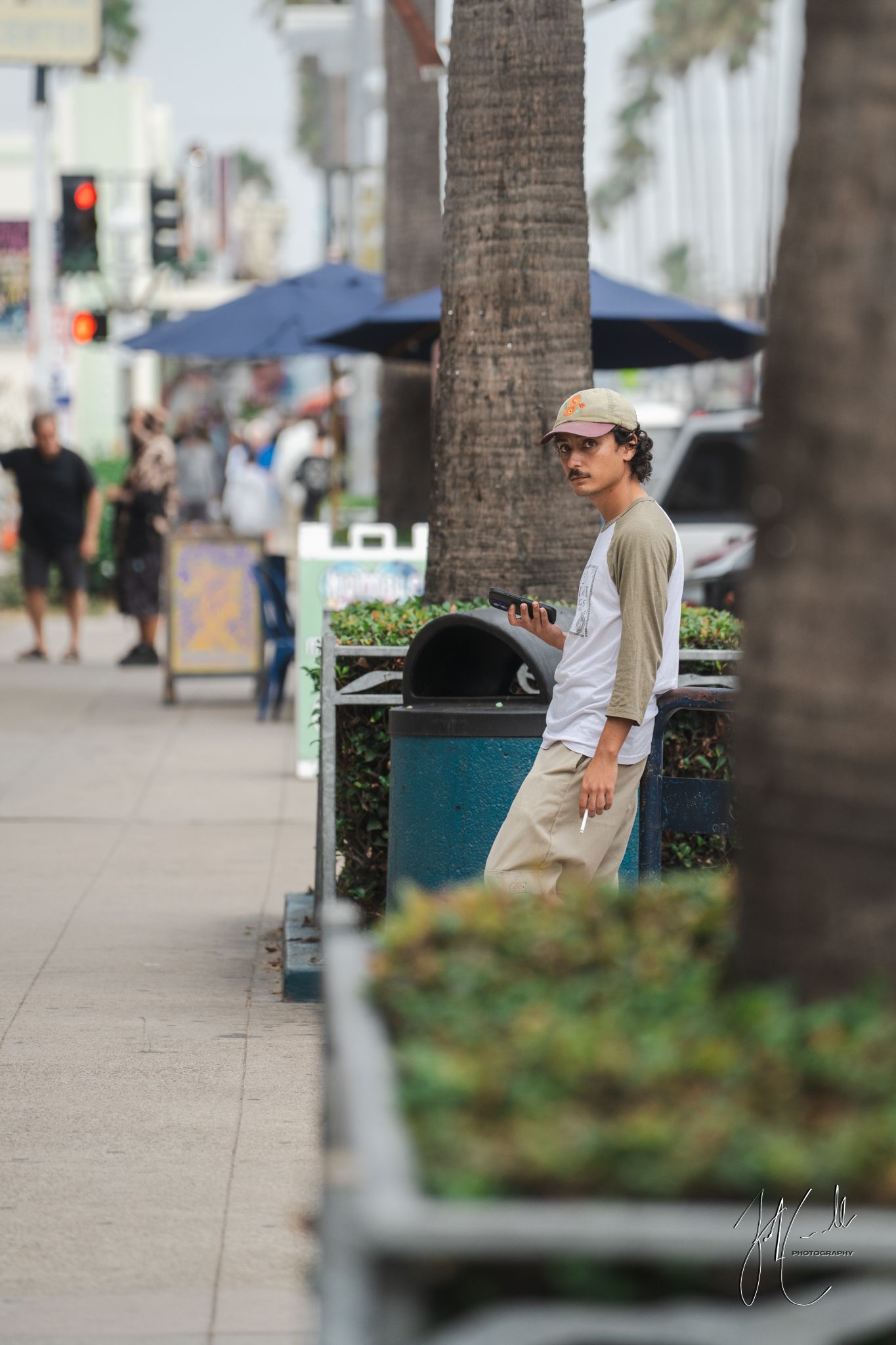 Palm-lined urban sidewalk with planters and pedestrians on a sunny day.