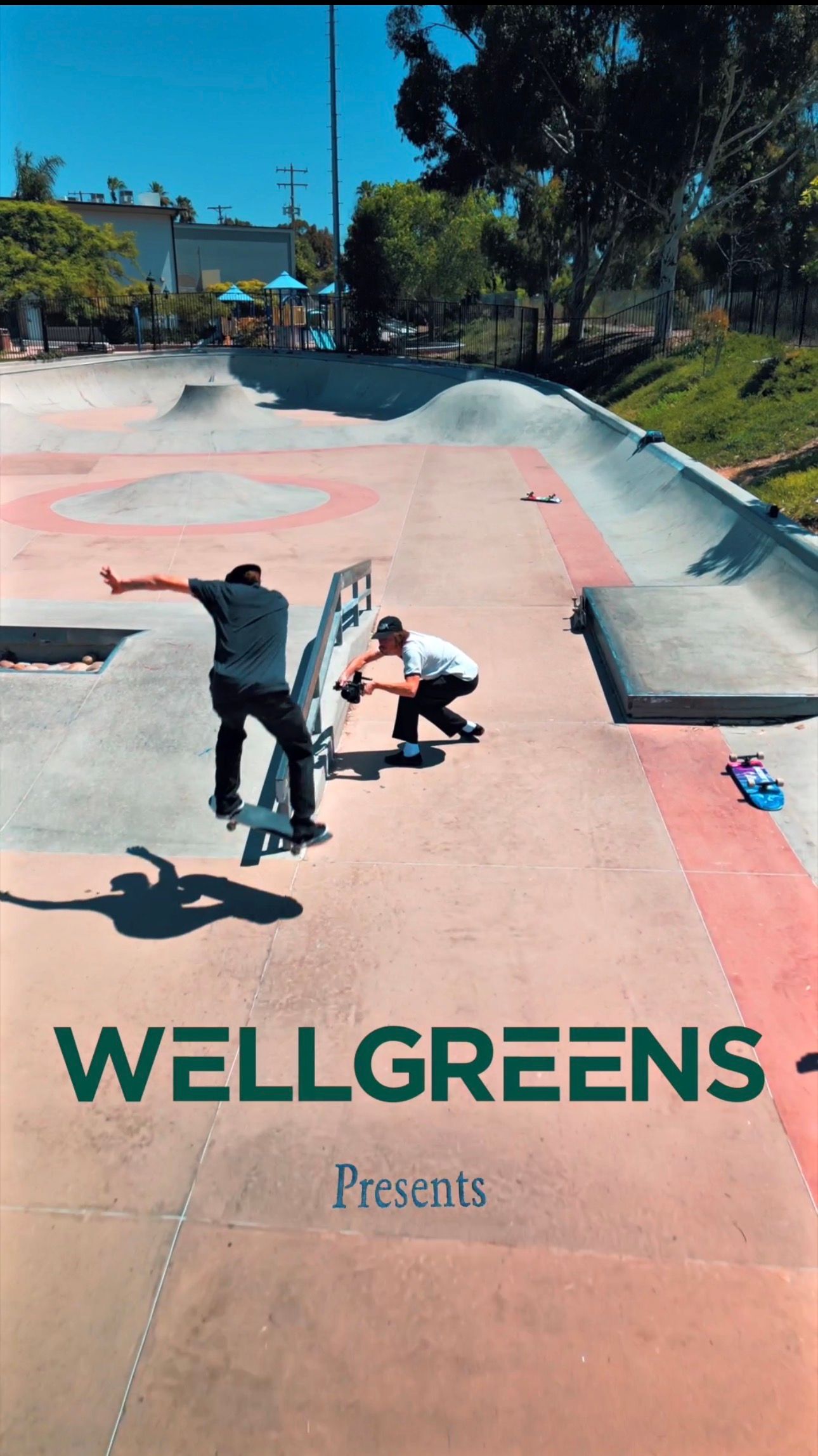 Wellgreens presents skateboarders performing tricks at an outdoor concrete skate park on a sunny day.
