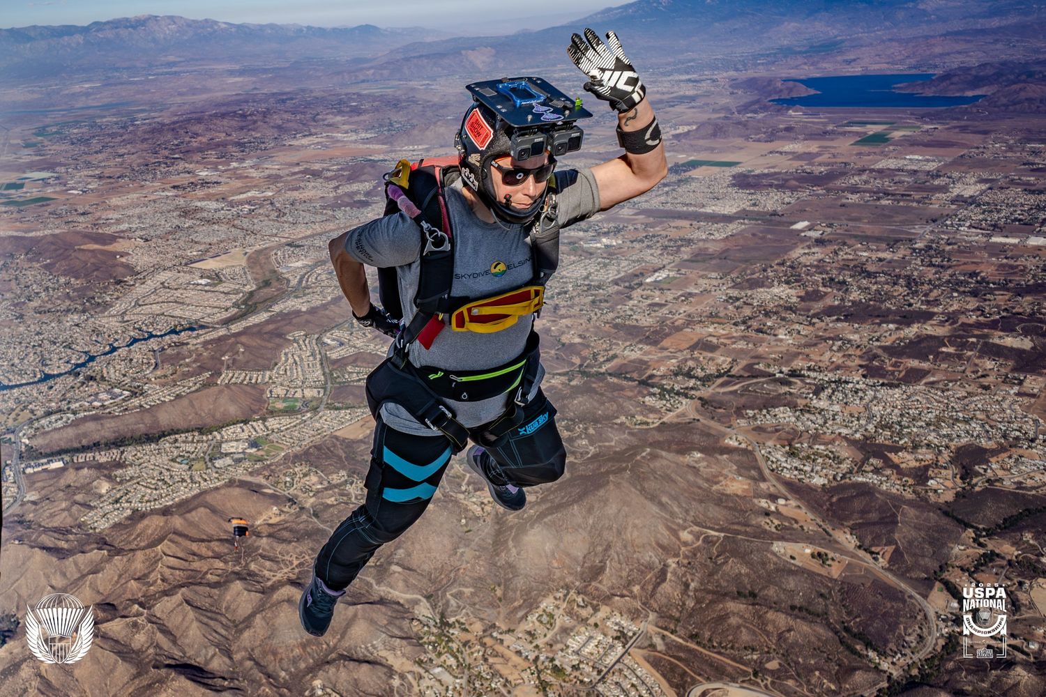 Sequence of skydiving maneuvers captured against desert landscape from high altitude.