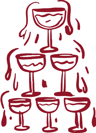 Red line drawing of wine glasses stacked in a pyramid formation.