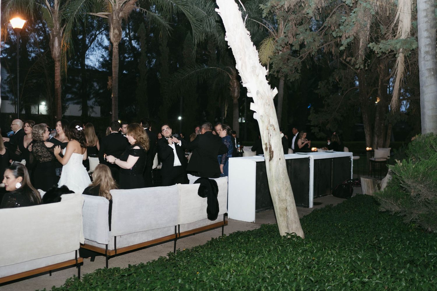 Outdoor wedding reception seating area with white decorations and trees.