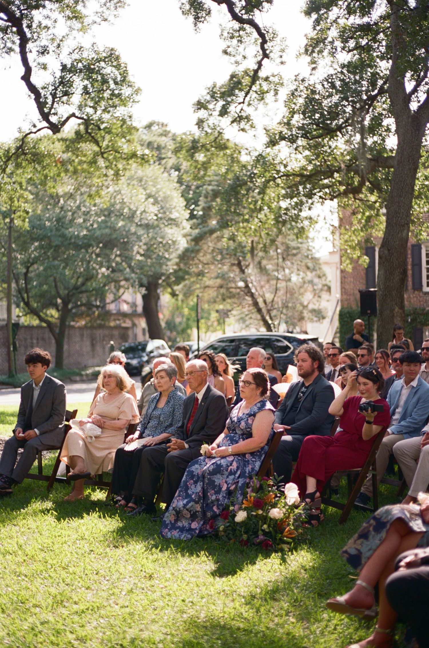 Wedding guests seated on wooden chairs in dappled sunlight under oak trees.
