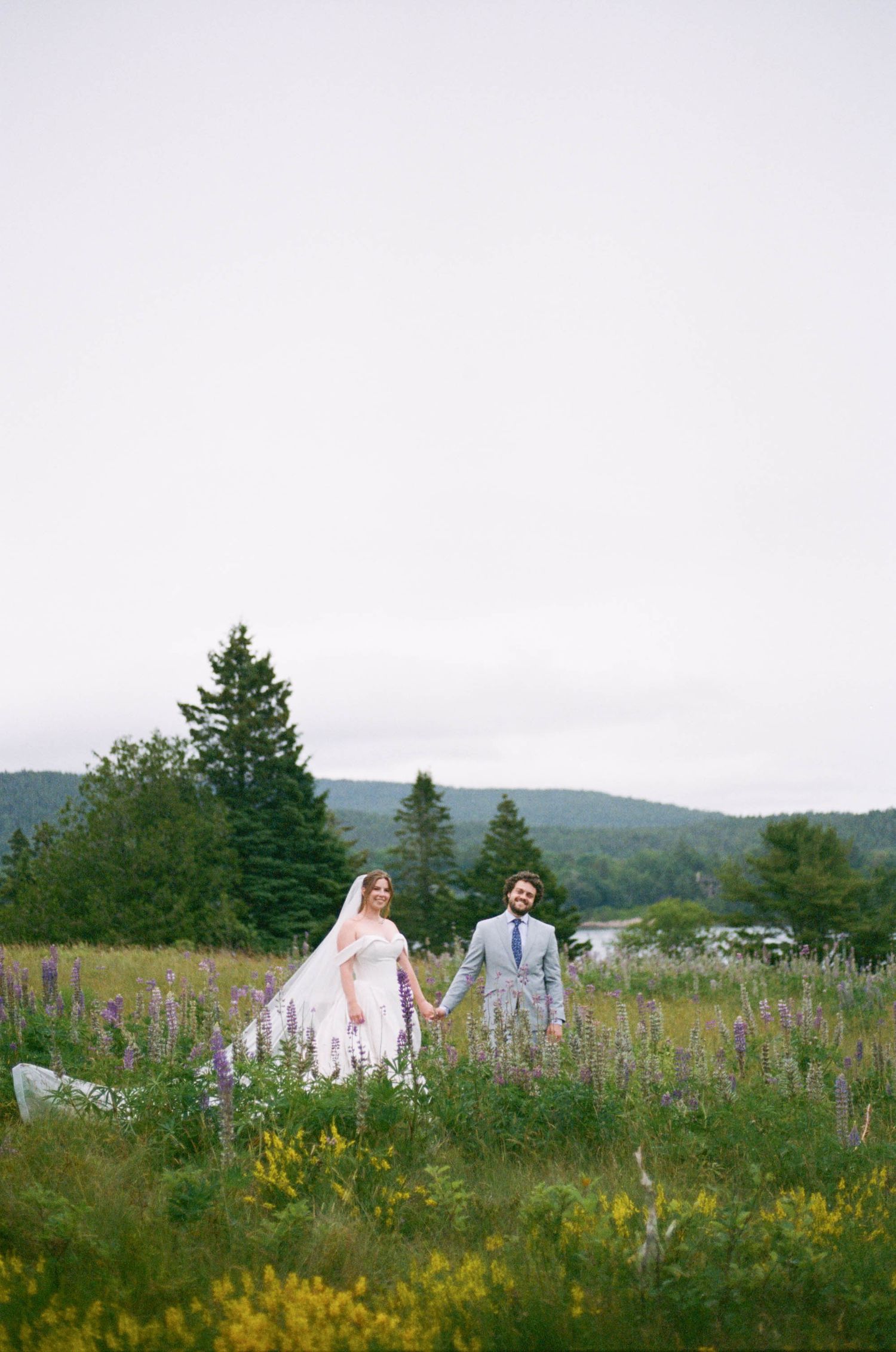 Wedding couple walking through a scenic meadow with mountains and trees in the background.