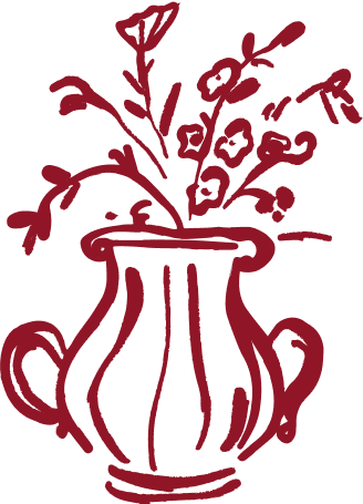 A decorative red illustration of teacups with floral designs.