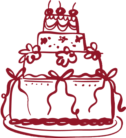 A three-tiered celebration cake illustration with ribbons and cherries on top drawn in red.