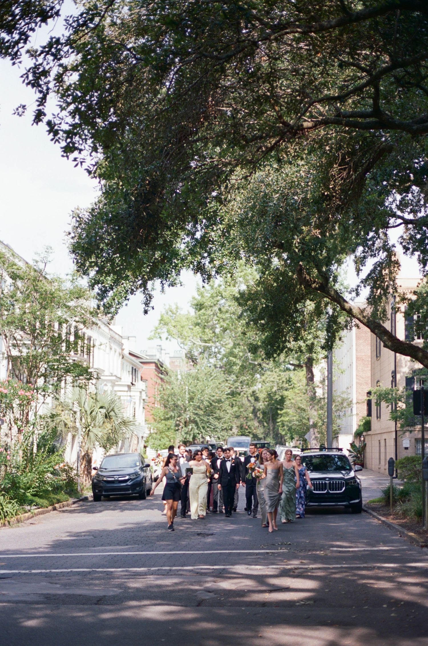 A group walks down a tree-lined street with historic buildings in the background.