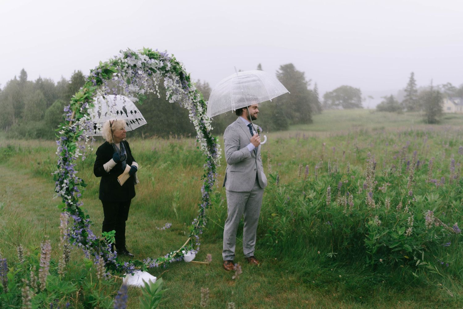 A floral arch stands in a misty field while attendees gather for a ceremony.