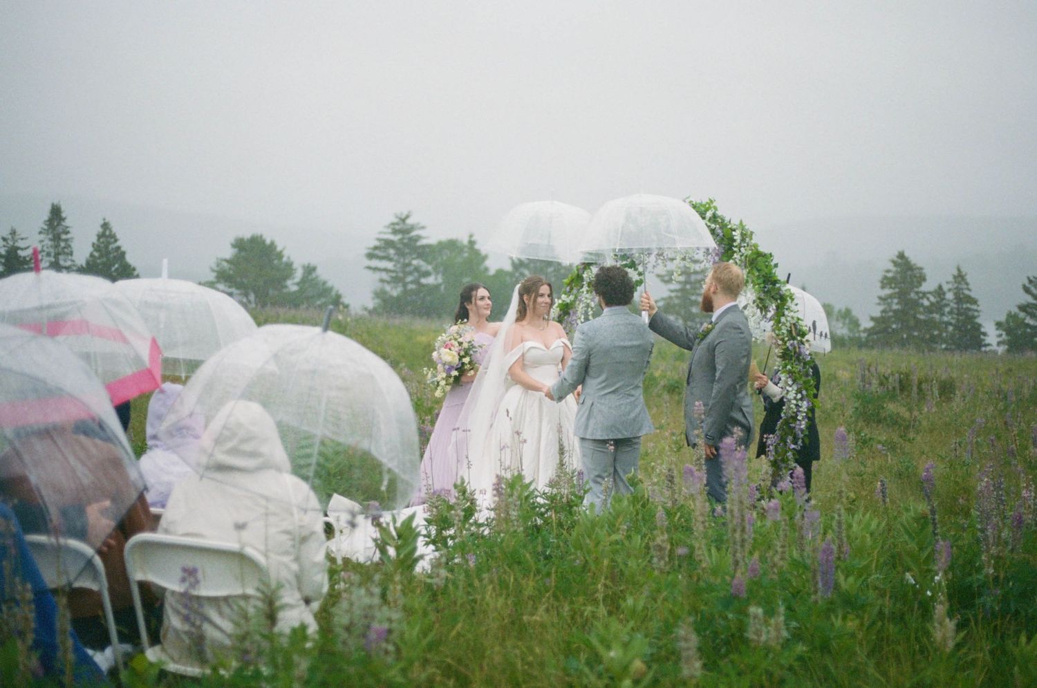 Outdoor wedding ceremony in a meadow with guests holding clear umbrellas on rainy day.