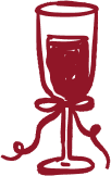 A red line drawing of a wine glass with a decorative ribbon tied around its stem.