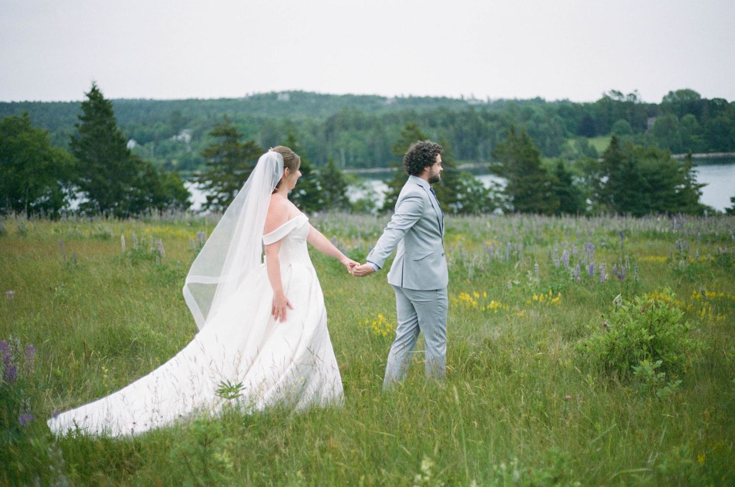 Scenic wedding portrait in a coastal meadow with mountains and water in the distance.