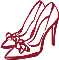 A red line drawing of elegant high heel shoes with decorative bows on the toes.