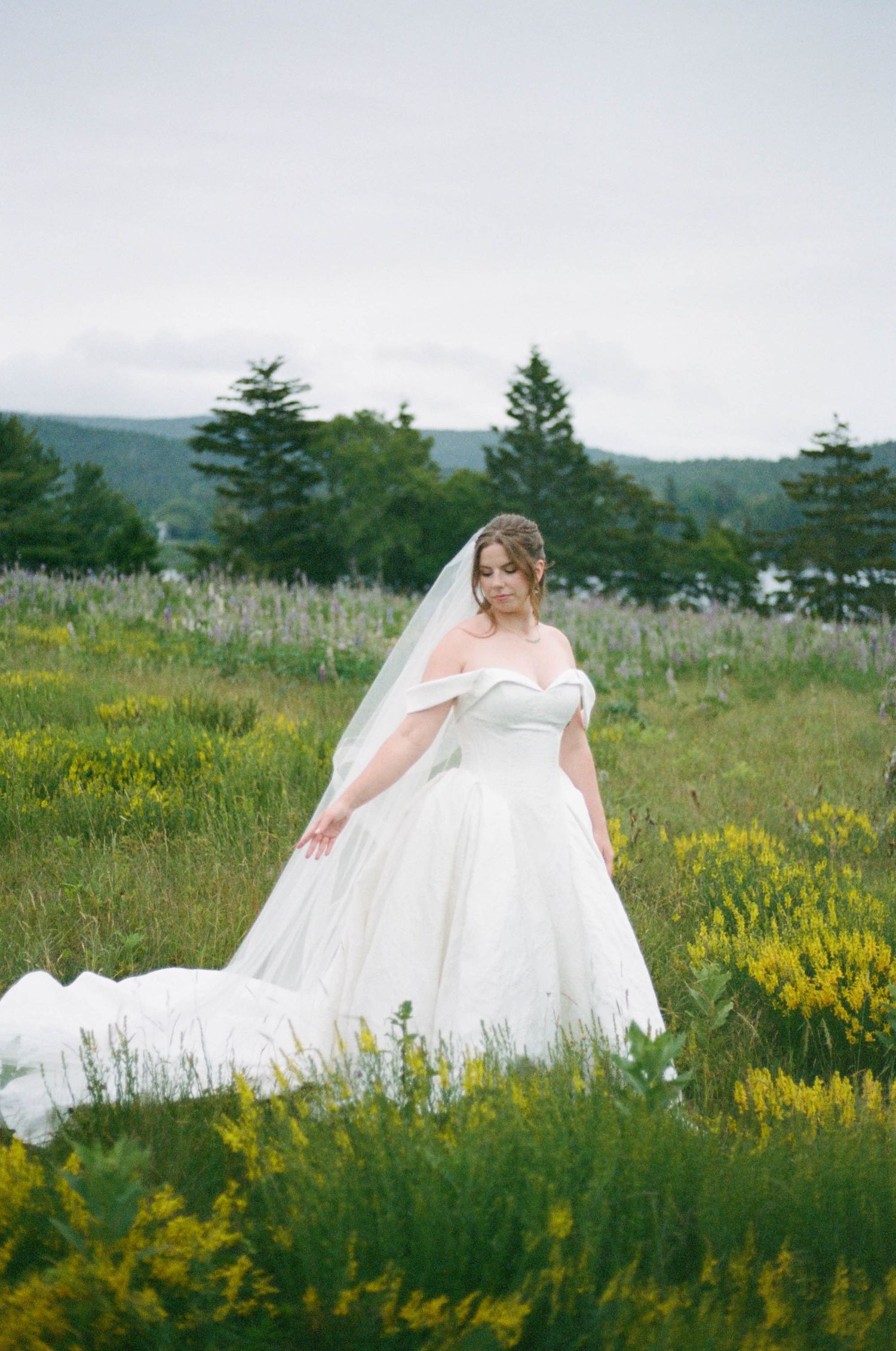 A white wedding dress billows gracefully across a meadow filled with vibrant yellow wildflowers.