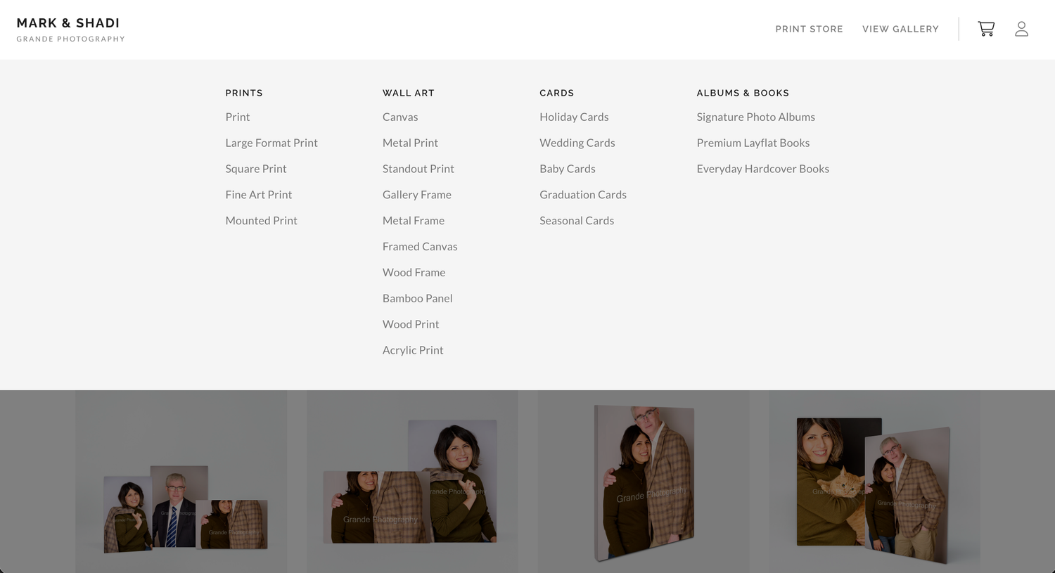 Professional photography website navigation menu showing portfolio categories and contact information.