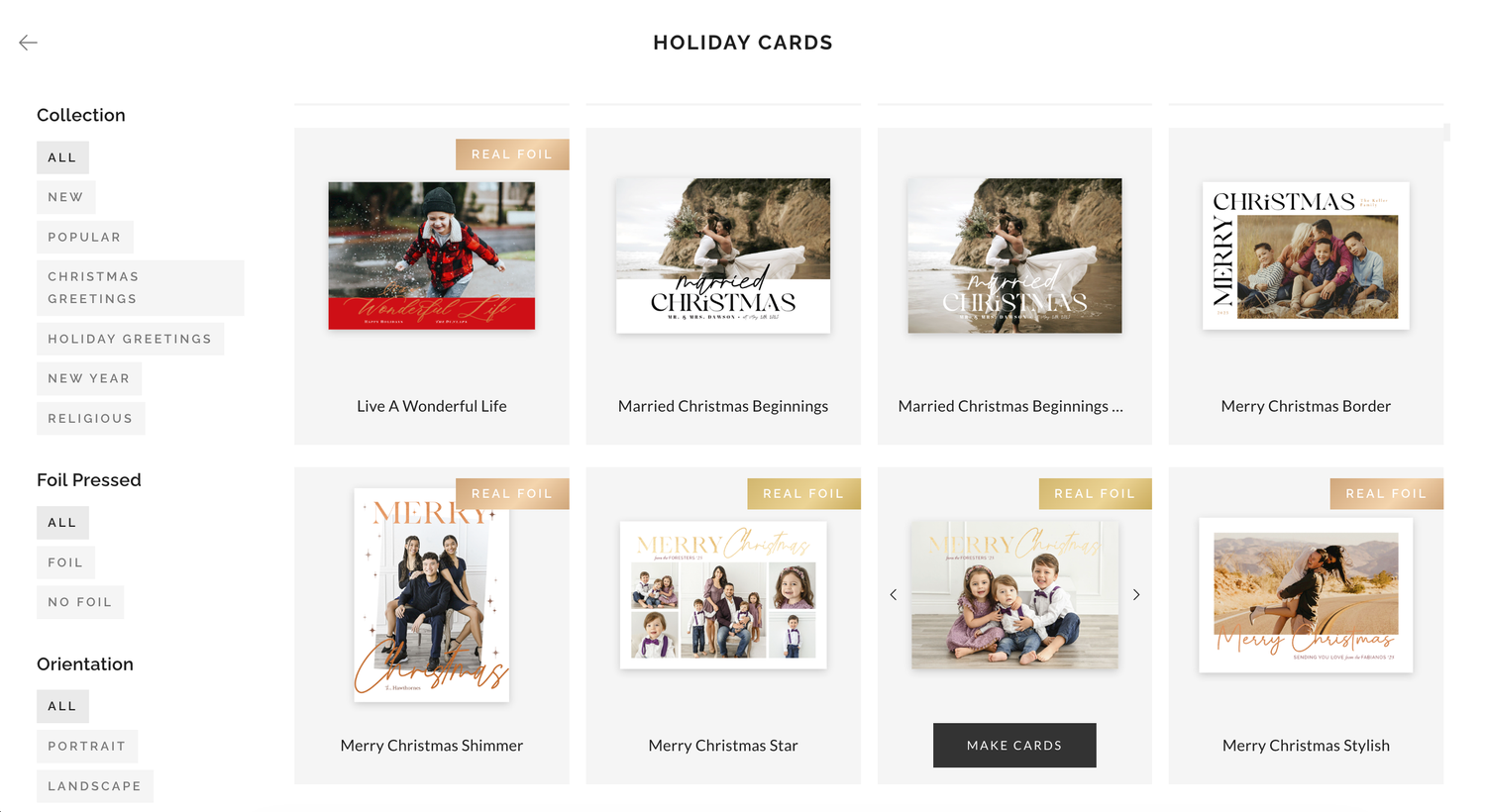 Holiday card template website showing customizable photo layouts and designs.