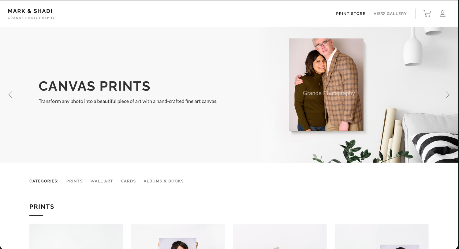 Clean modern website interface displaying canvas print product options.