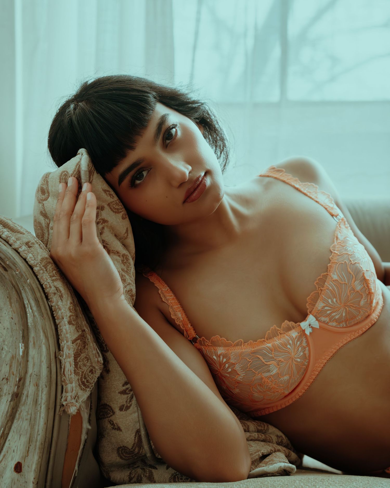 Individual fashion portrait featuring loungewear outfit during lifestyle photoshoot.