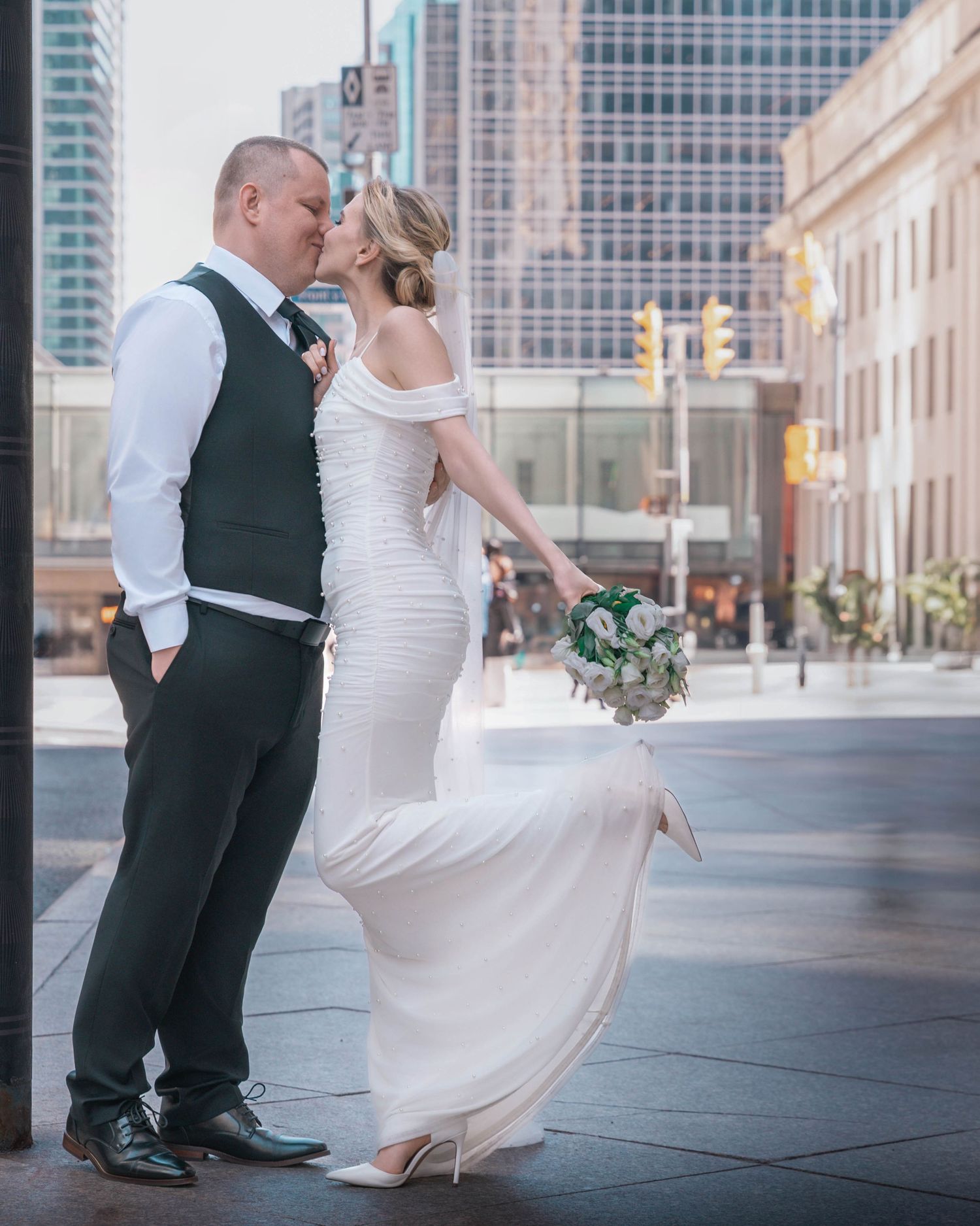 Bride and groom portrait during wedding ceremony in Downtown Toronto