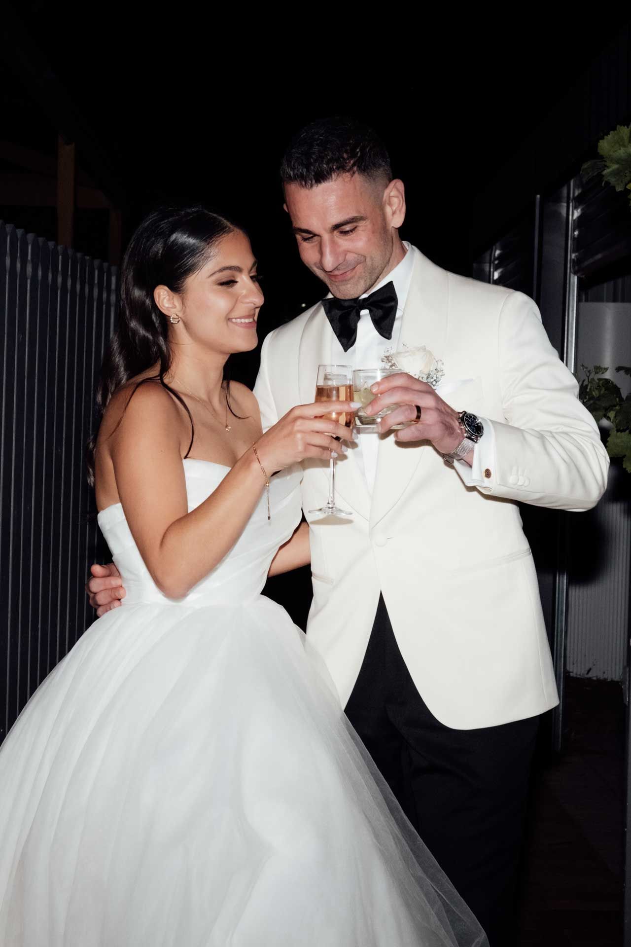 Direct flash editorial photo of bride and groom looking at each other at Sunnybrae Estate, Adelaide, captured by Matt Webster.