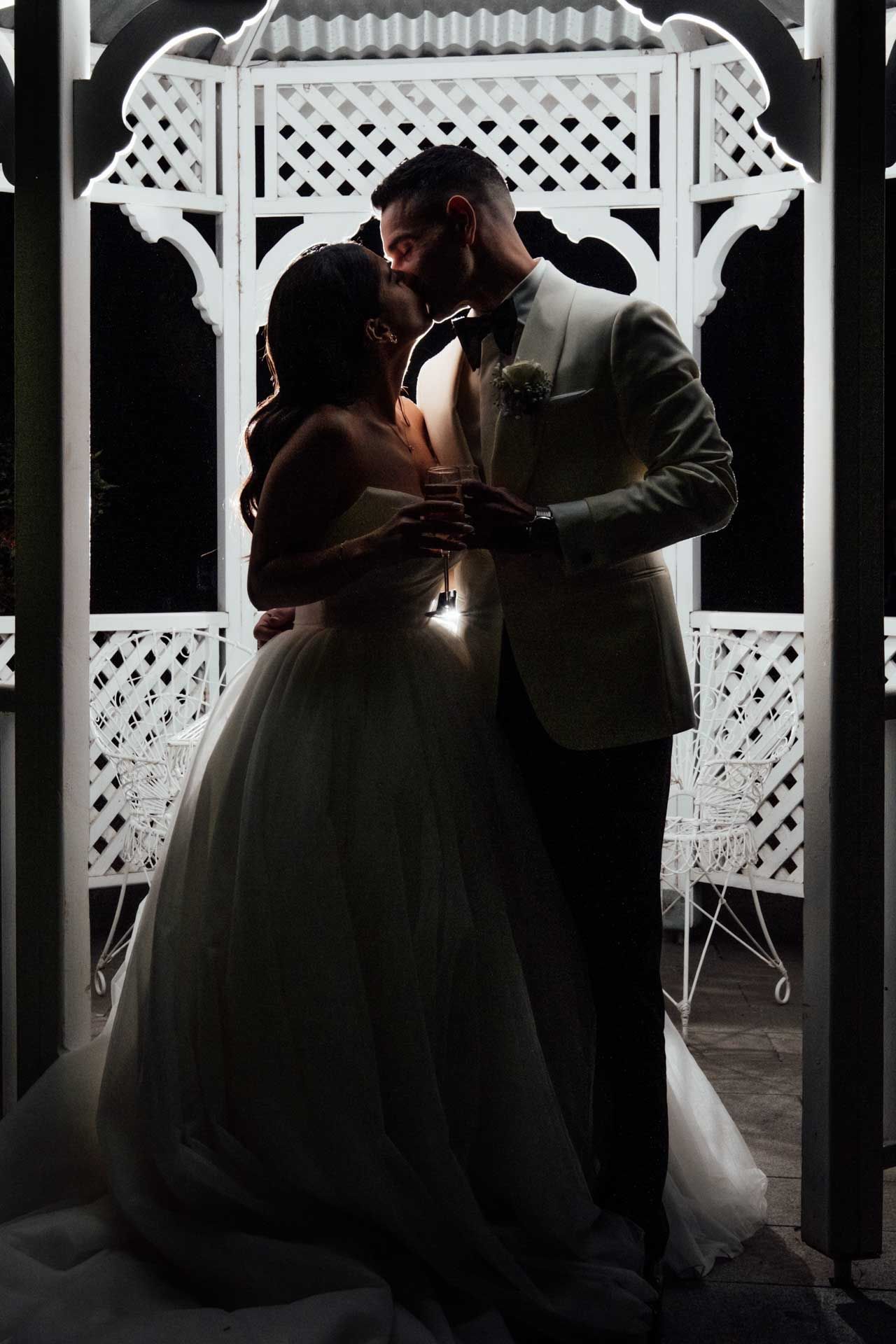 Silhouette of bride and groom at Sunnybrae Estate during their wedding reception, photographed by Matt Webster.