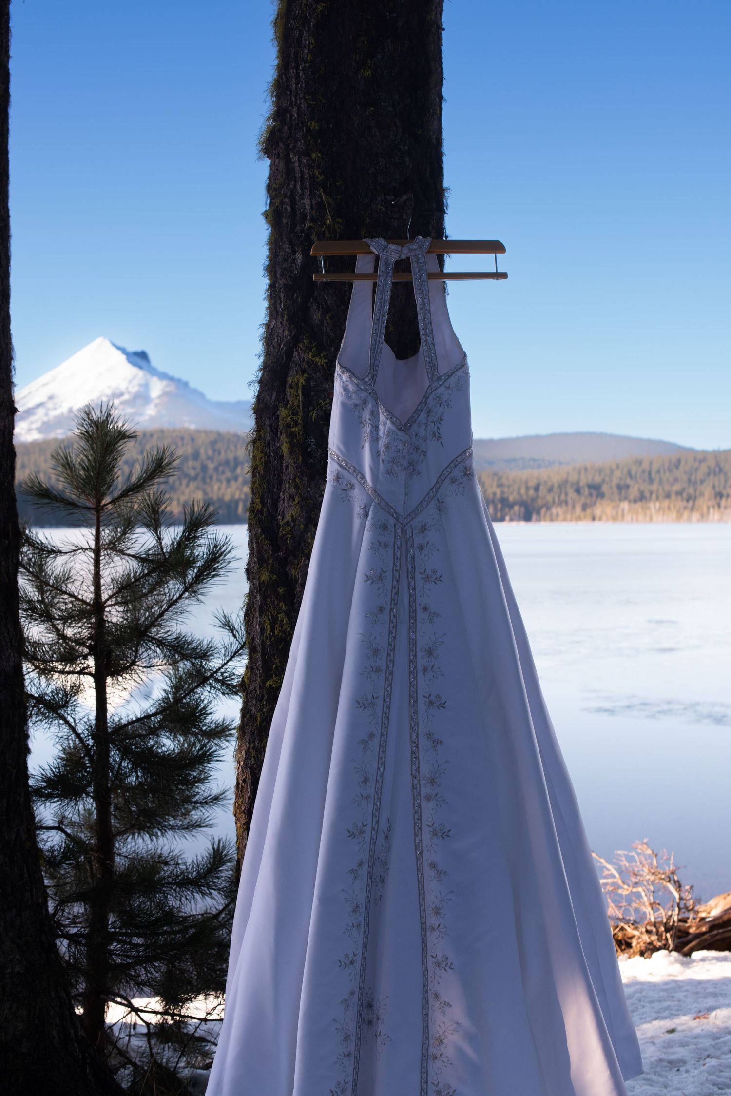 Elegant white wedding dress hangs on a tree with a frozen lake and snowy mountain backdrop.