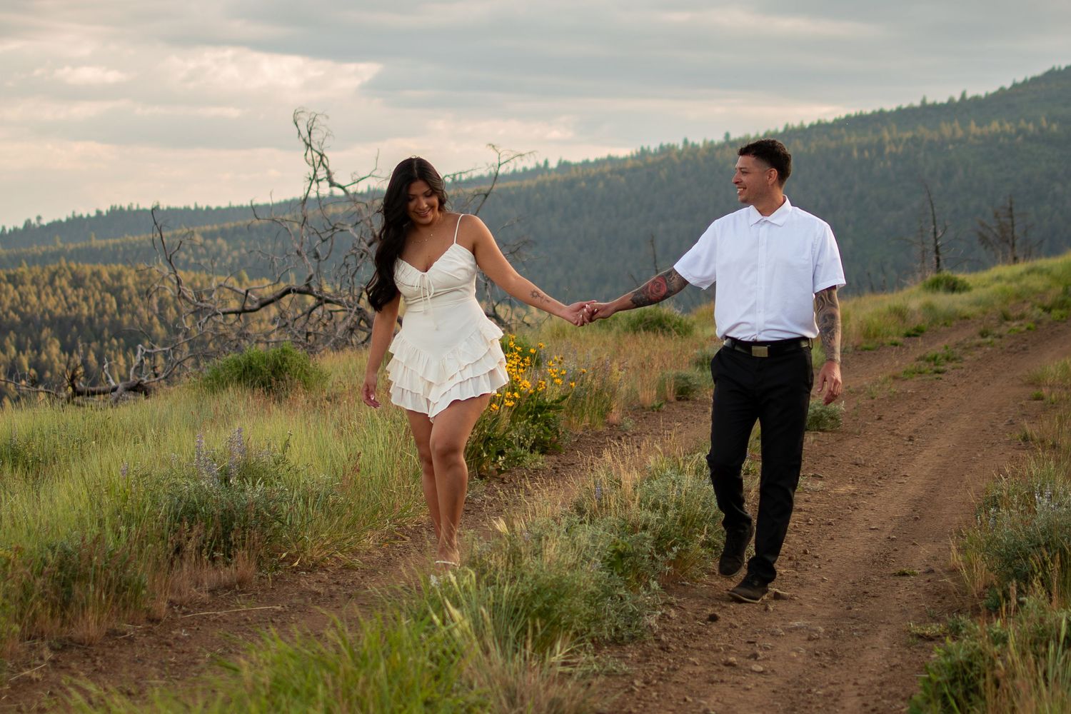 Couple holding hands walking on a dirt path through green meadows with forested hills in the background.