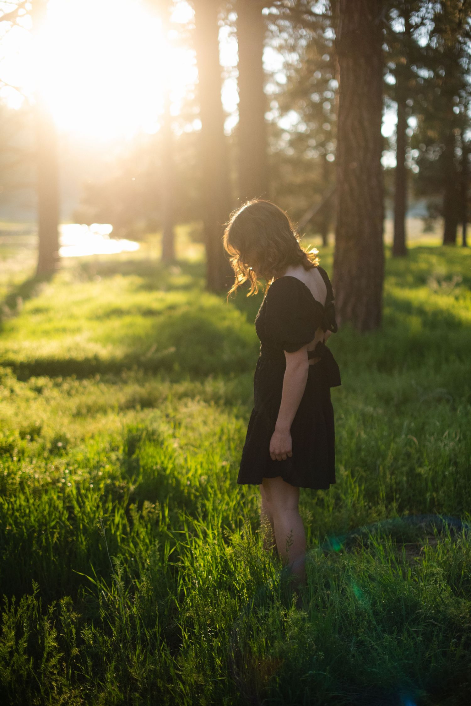 Young woman in black dress standing in sunlit forest meadow during golden hour.