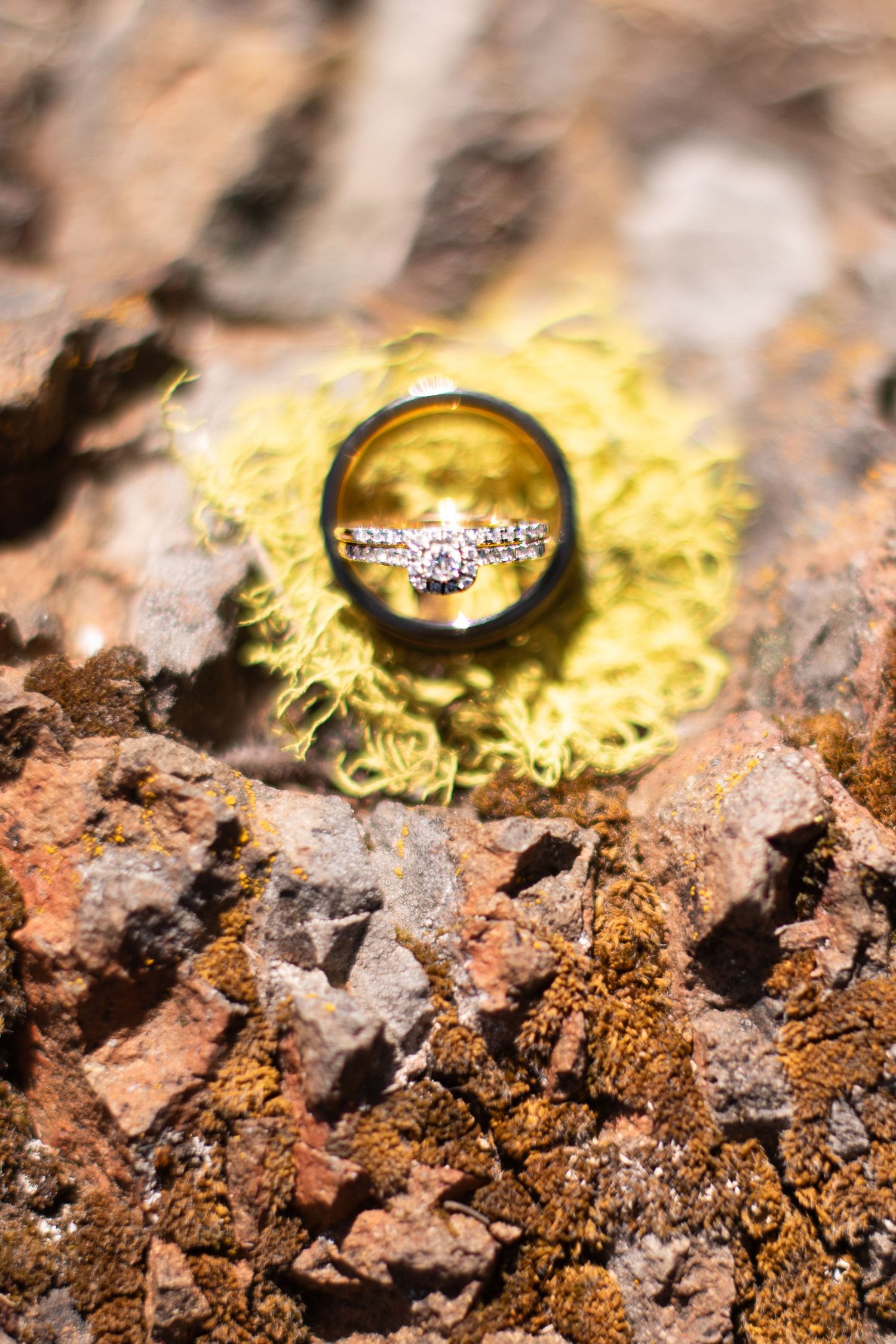 Wedding rings artfully displayed on textured volcanic rock with yellow lichen detail.
