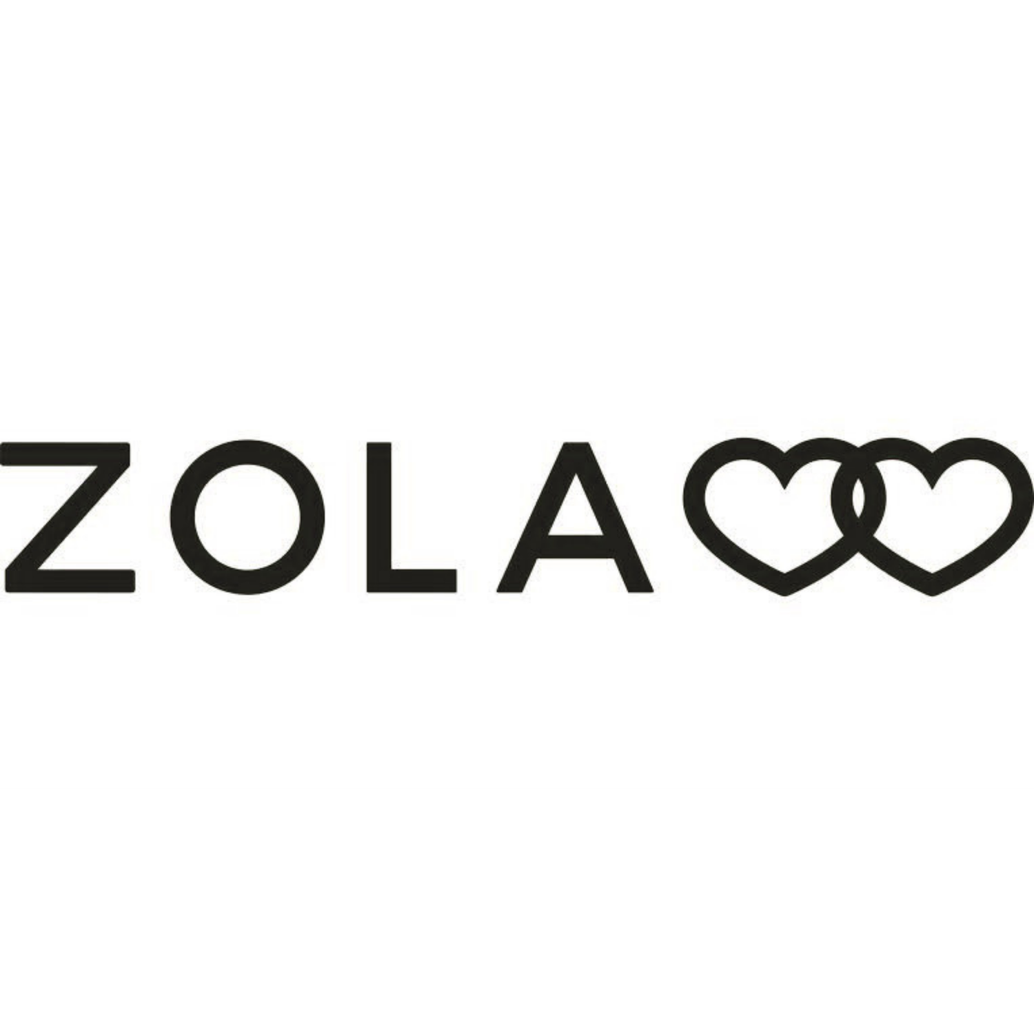 Zola logo featuring bold black text with two interlinked heart shapes symbolizing love and partnership.