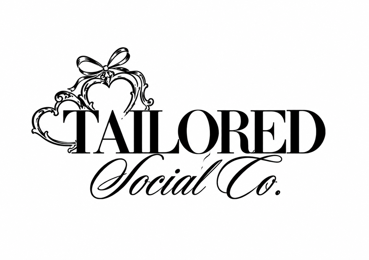 Black and white logo for Tailored Social Co. featuring ornate hearts with a bow, elegant serif and script typography.
