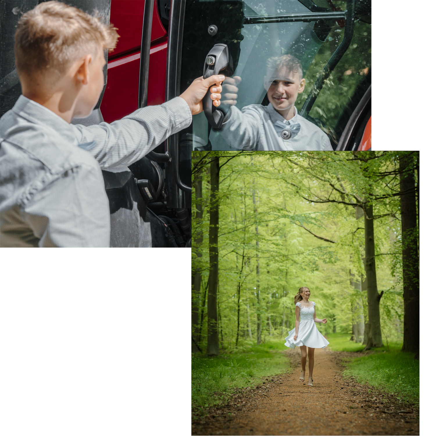 A reflection appears in a truck mirror, while in a second image a person in white dress walks down a forest path in summer.