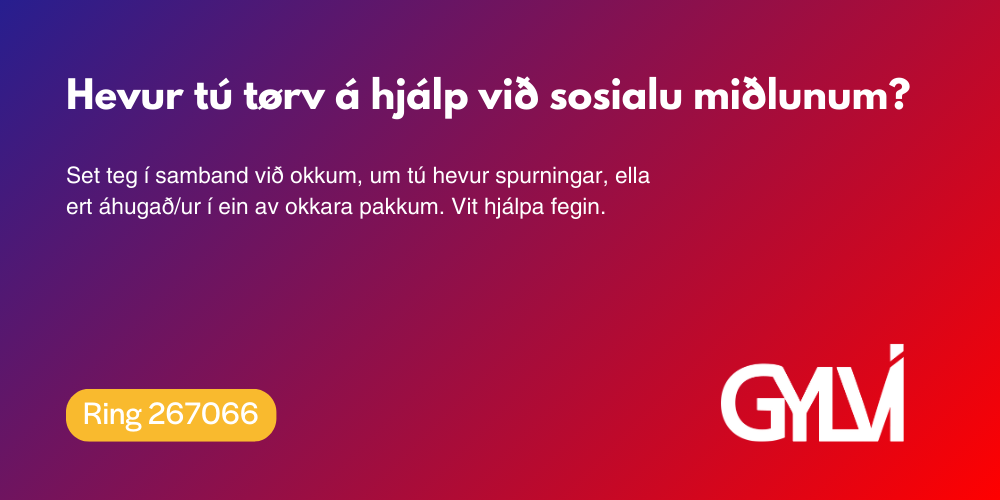 Purple and red gradient banner with white Icelandic text and GYM logo promoting social services.