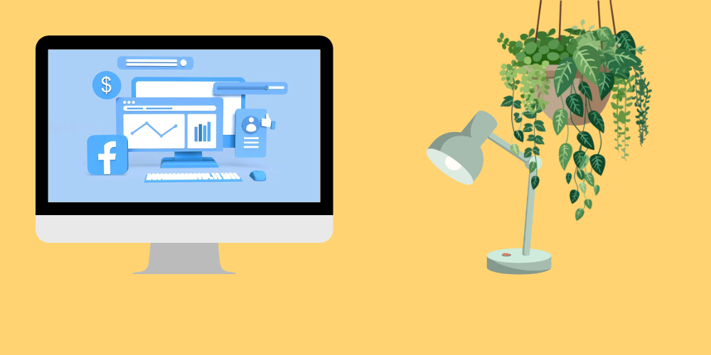 A computer monitor displaying Facebook interface beside a desk lamp and hanging potted plant against yellow background.