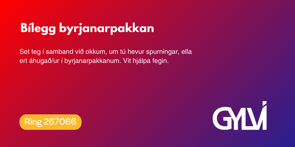 A purple and red gradient promotional banner for GYM with Icelandic text and price information.