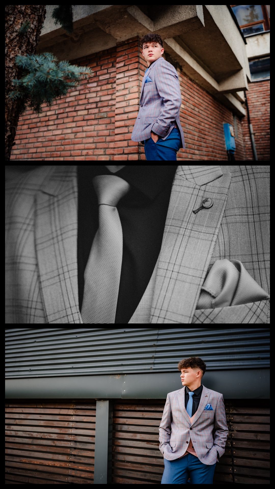 Fashion photoshoot featuring gray plaid suit against brick wall backdrop.
