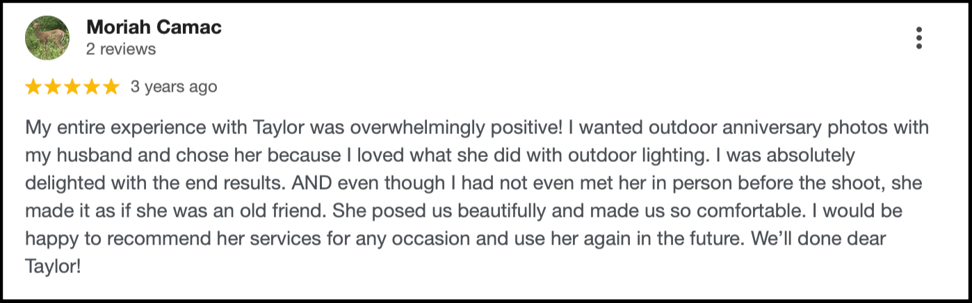 A social media review post sharing positive feedback about an outdoor anniversary photo session experience.