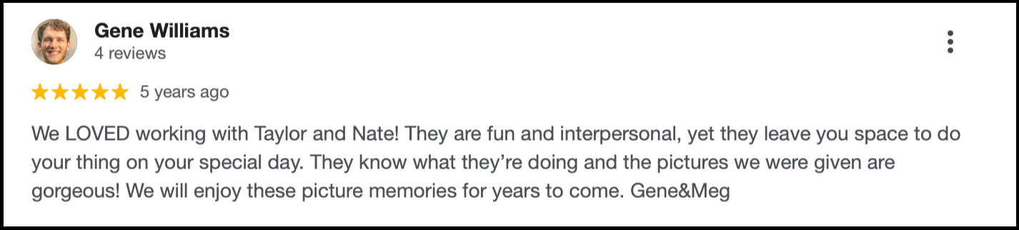 A 5-start Google review mentioning gorgeous pictures and great interpersonal skills.