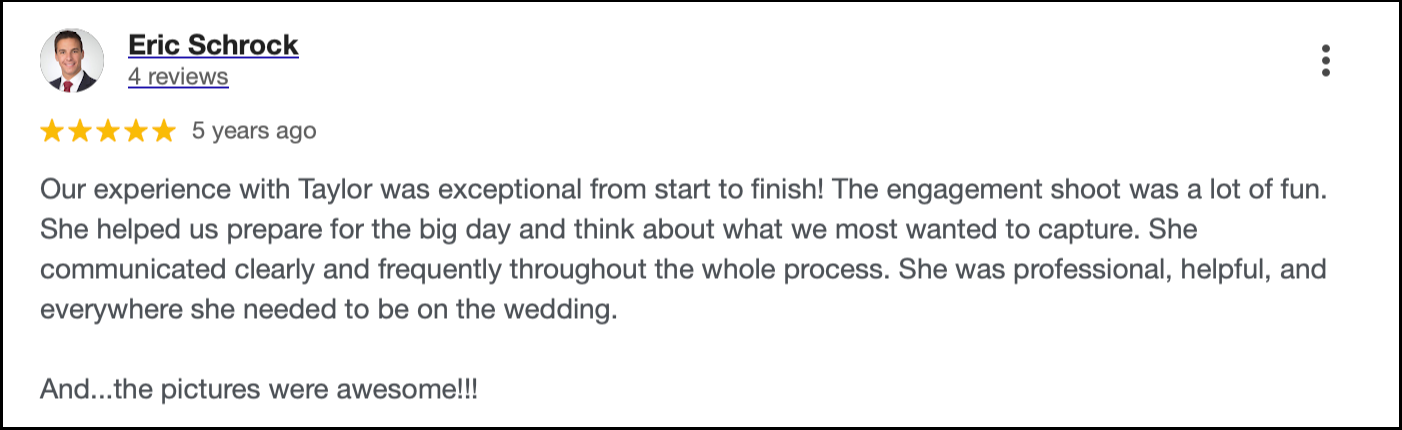 A screenshot of a 5-star review testimonial with positive feedback about an exceptional professional experience.