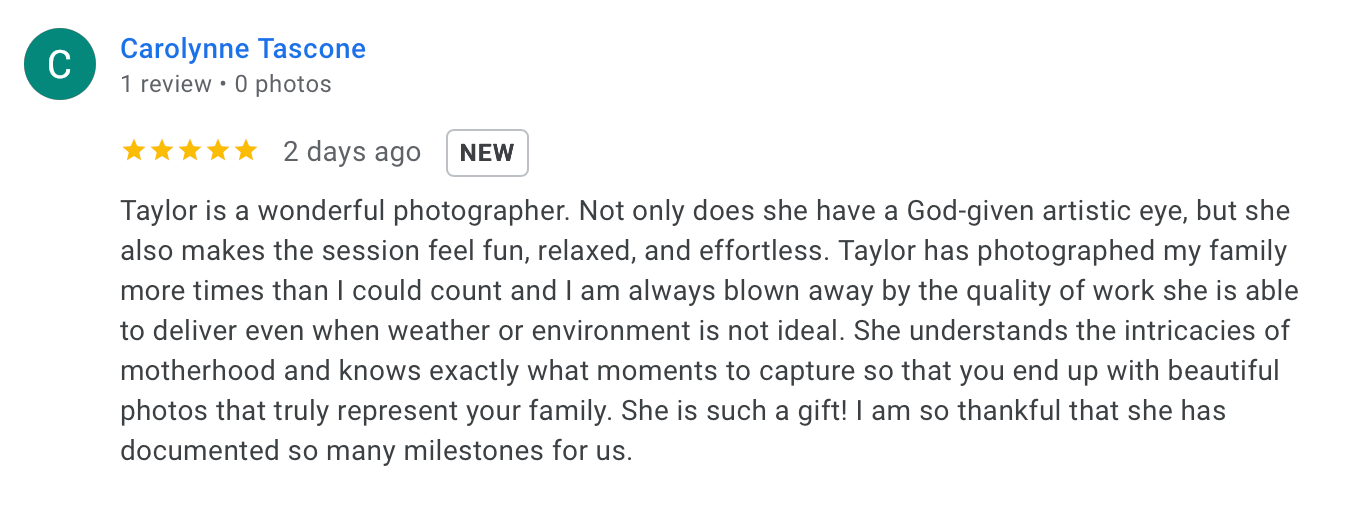 A positive customer review praising a photographer's quality of work and professionalism with five star rating.
