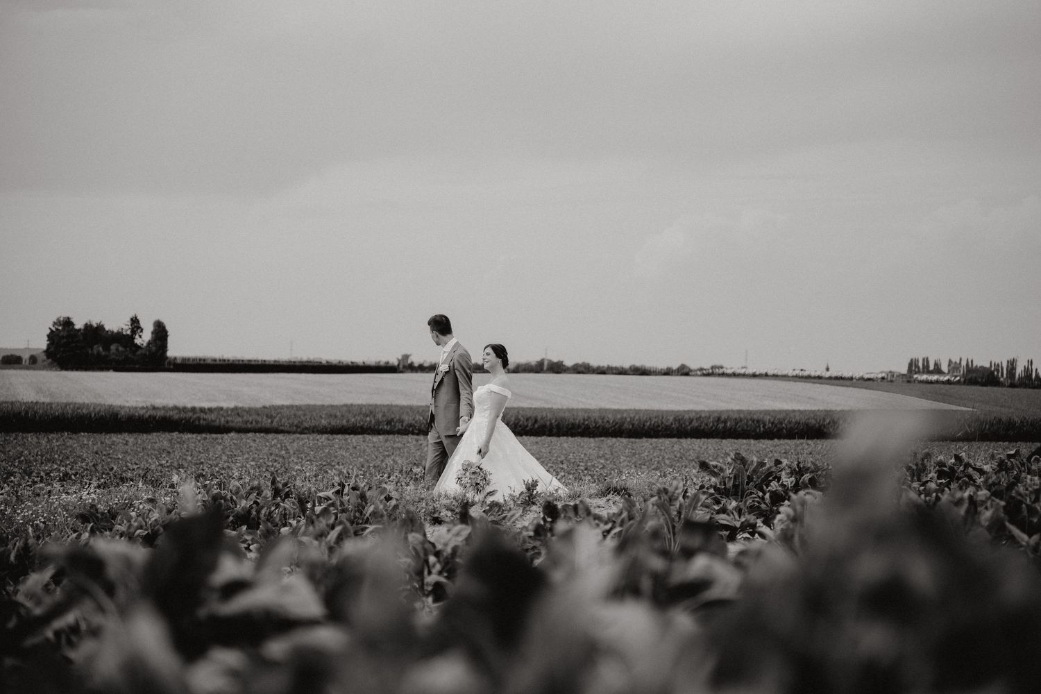 koppelfoto in het veld in Limburg van huwelijksfotograaf en videograaf based in Antwerpen.