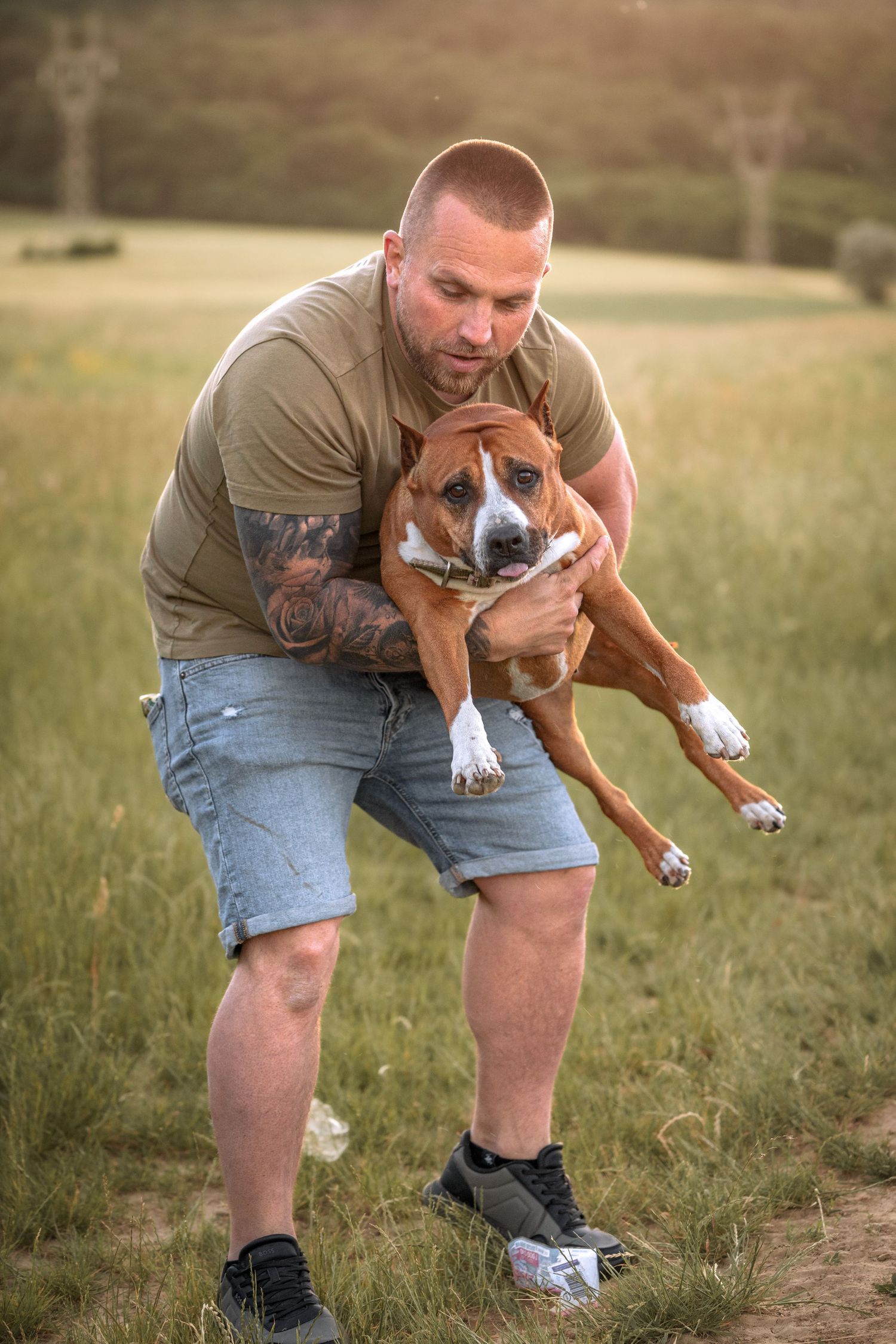 Muscular tattooed man in olive shirt and denim shorts holding a brown and white Boxer dog in a green field.