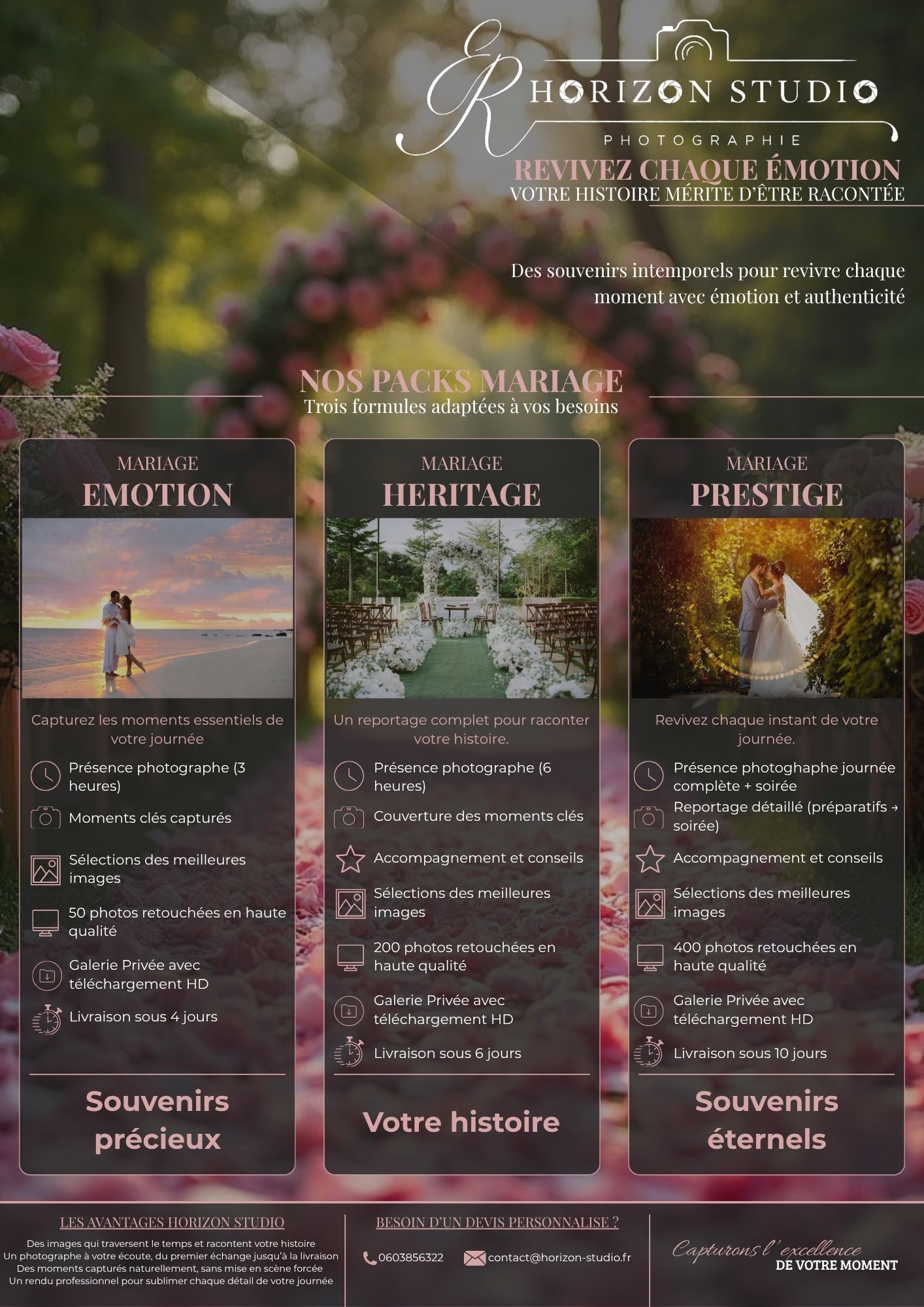 Présentation des prestations photographie mariage proposées par Horizon Studio