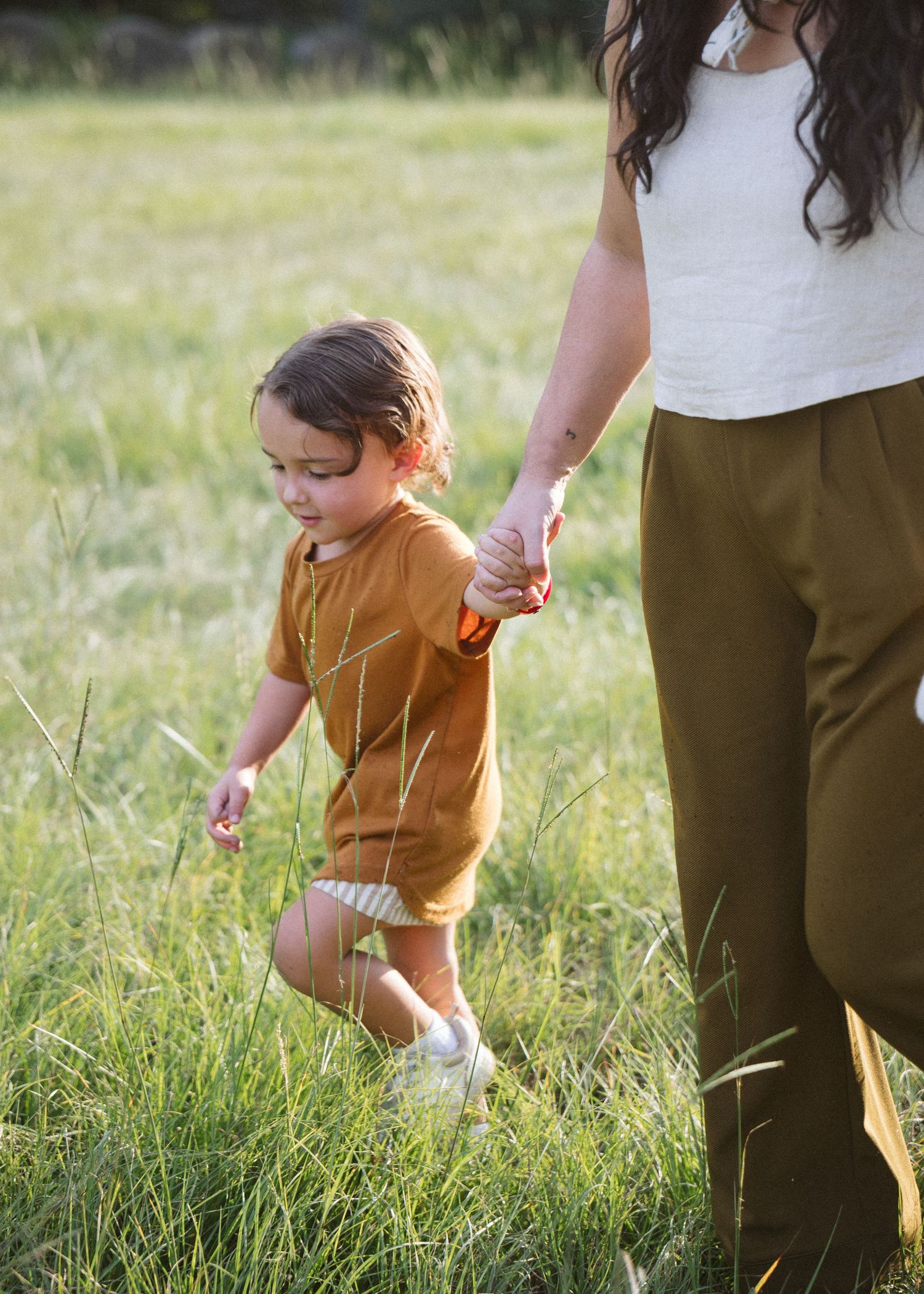 Toddler in a rust-colored outfit holds an adult's hand while walking through a sunlit grassy meadow.