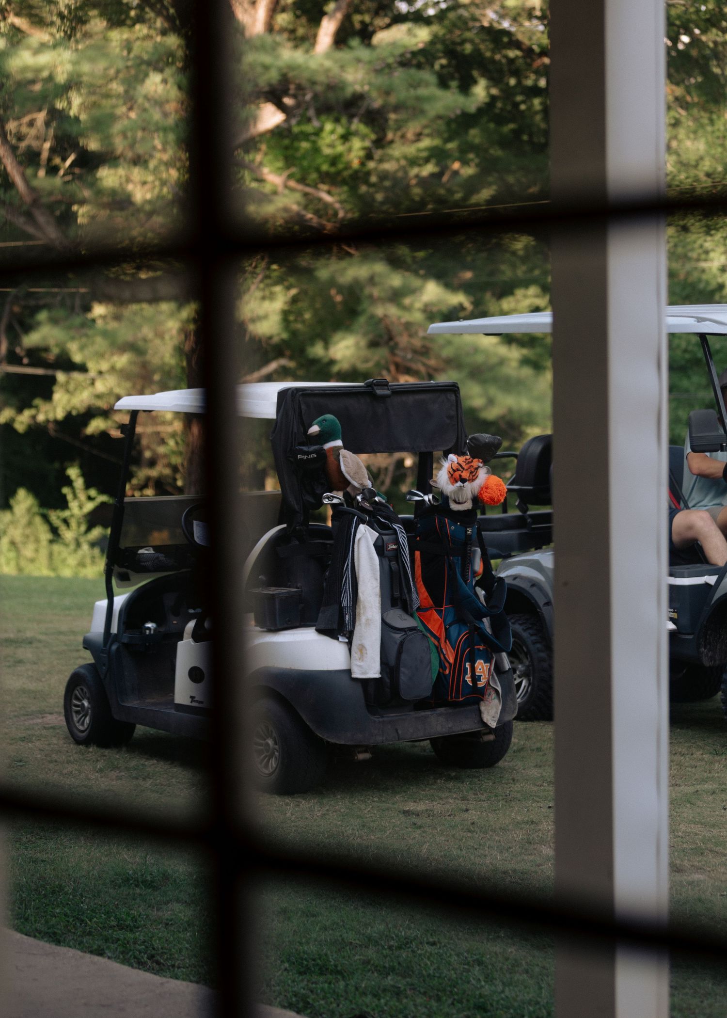 Golf carts loaded with colorful golf bags parked on green course at dusk.