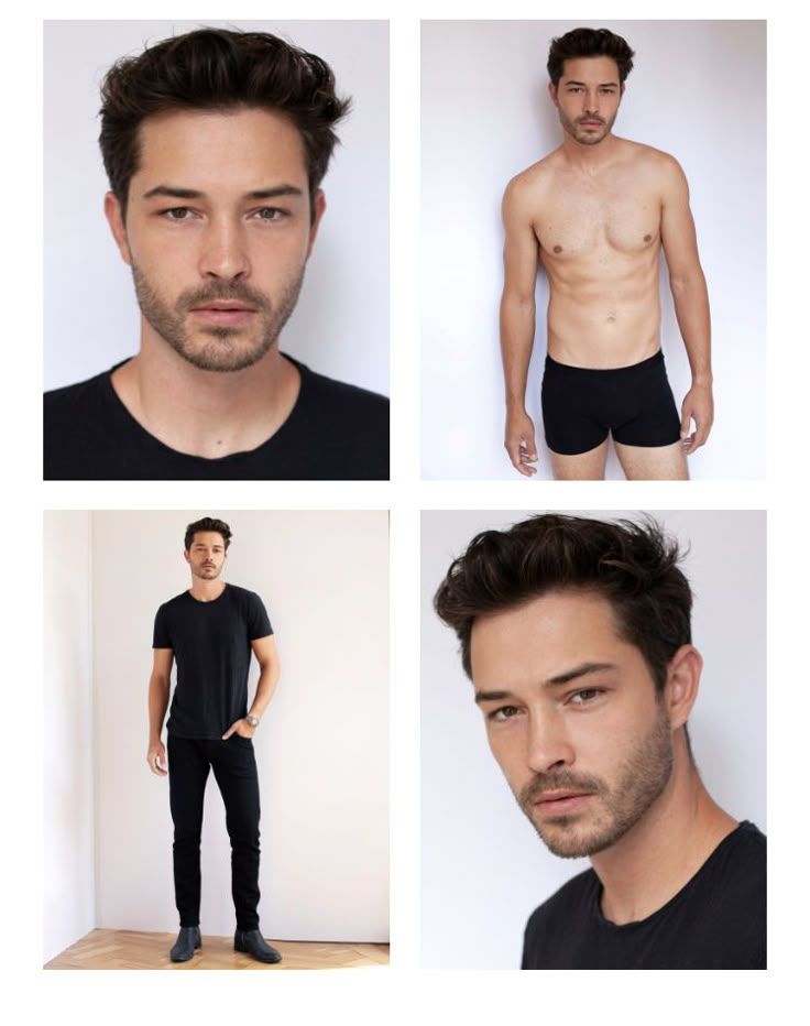 Composite of four model portfolio photos showing a young man with dark hair in black clothing and underwear against white backgrounds.
